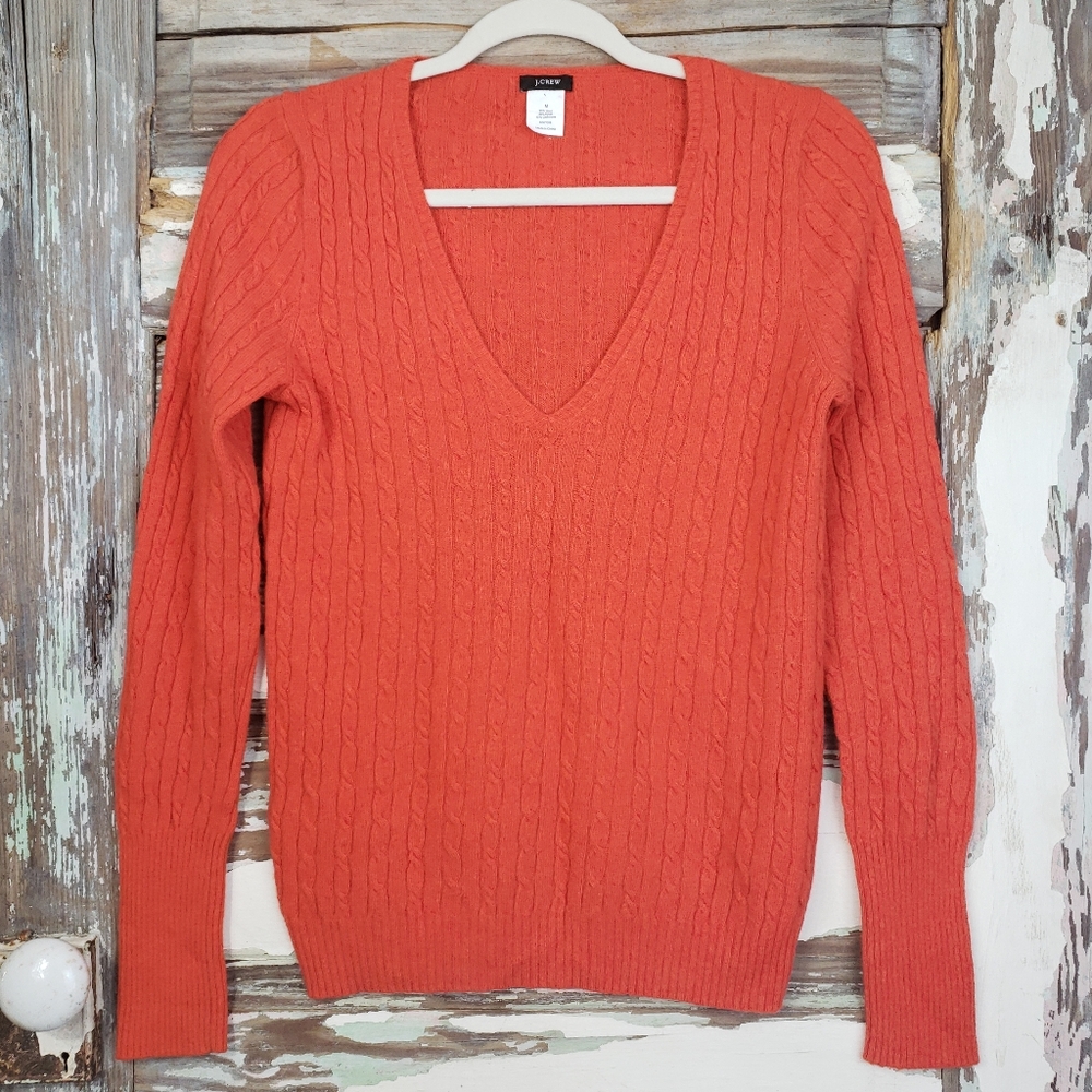 J Crew Orange Cable Knit V-Neck Sweater Medium